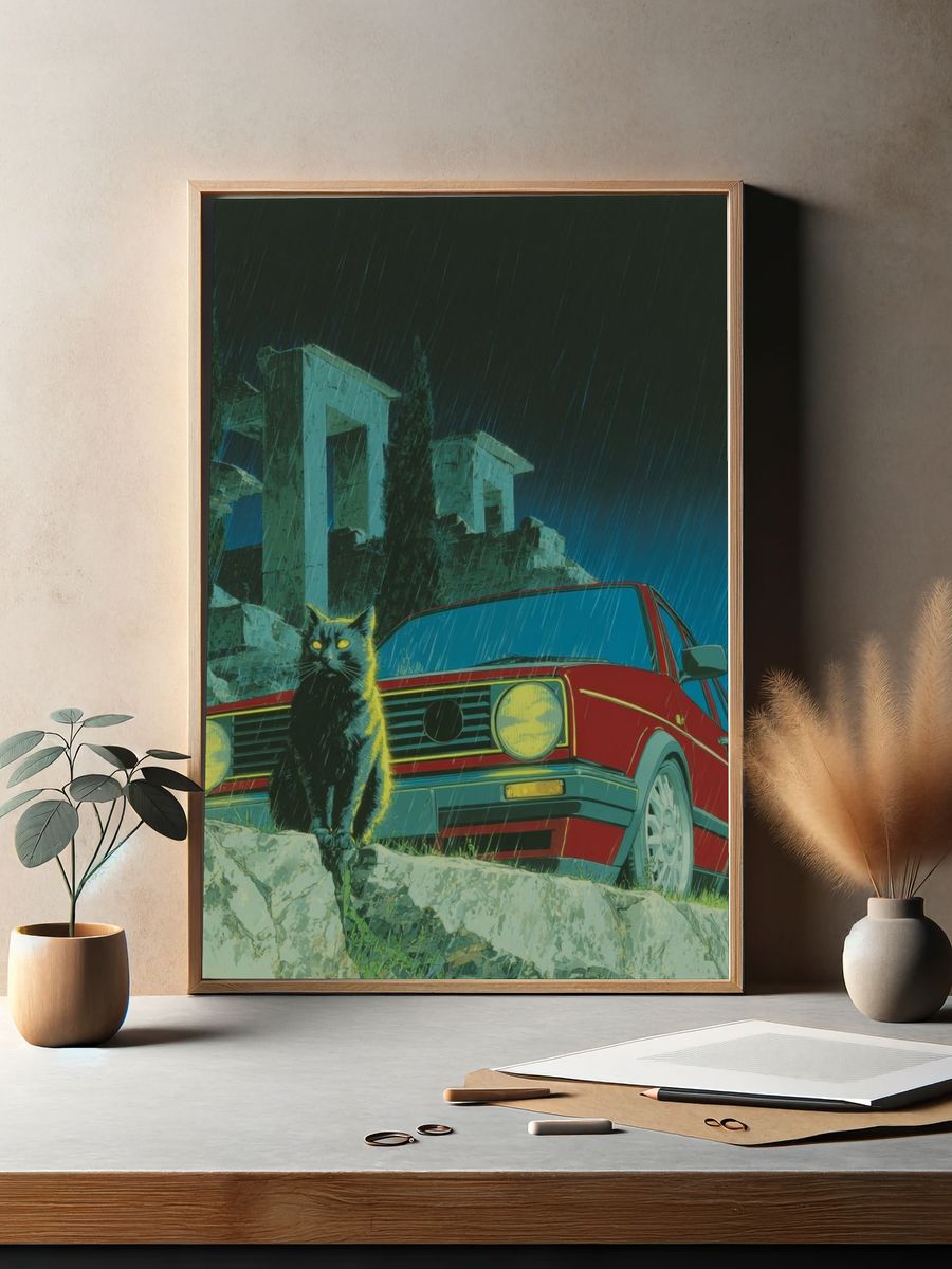 Black Cat and Red Car — Retro Print. — room view 2