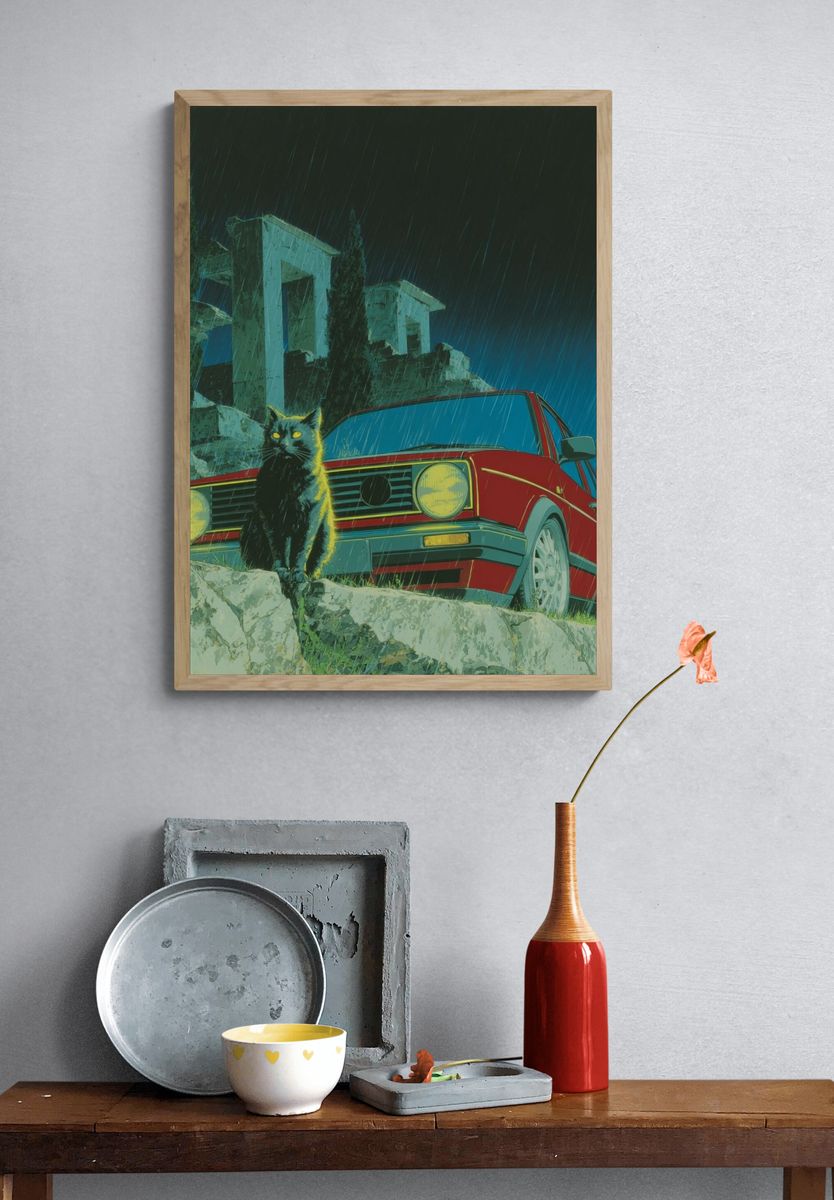 Black Cat and Red Car — Retro Print. — room view 3