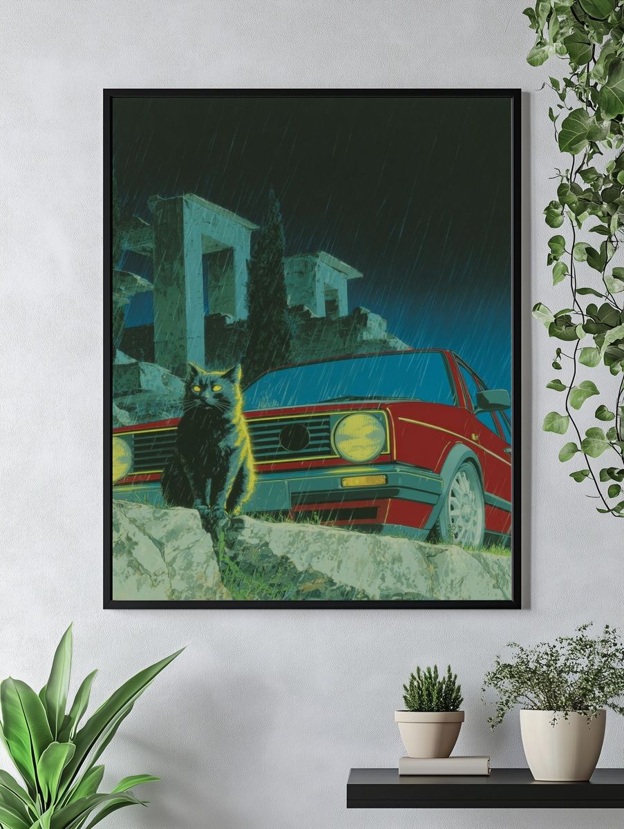 Black Cat and Red Car — Retro Print. — room view 4
