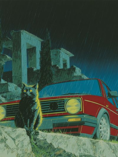 Black Cat and Red Car — Retro Print. poster