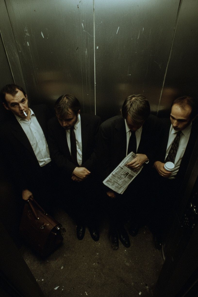 Businessmen in Elevator — Photography Print. poster — photography art