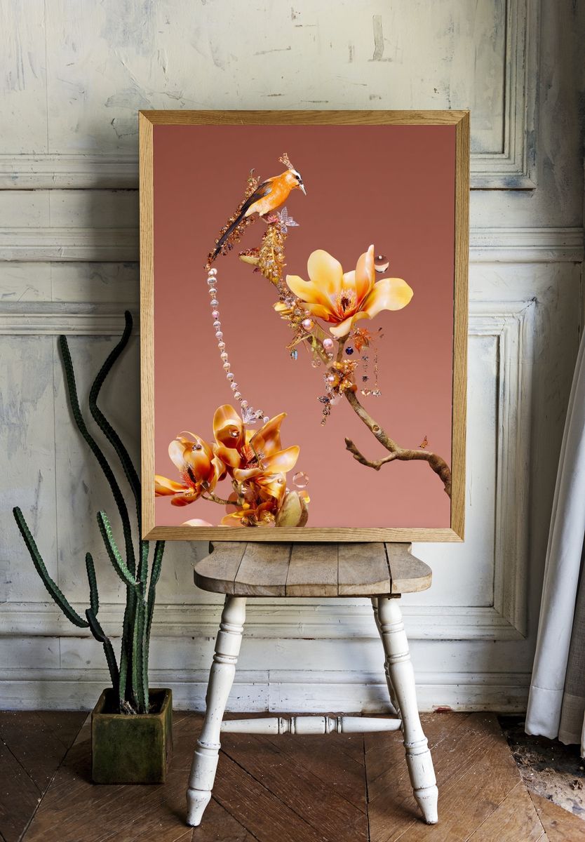 Ornate Bird and Floral Arrangement Poster. — room view 1