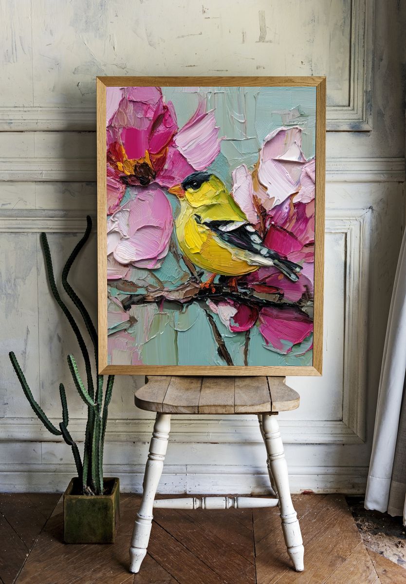 Goldfinch and Blossoms Painting Poster. — room view 1