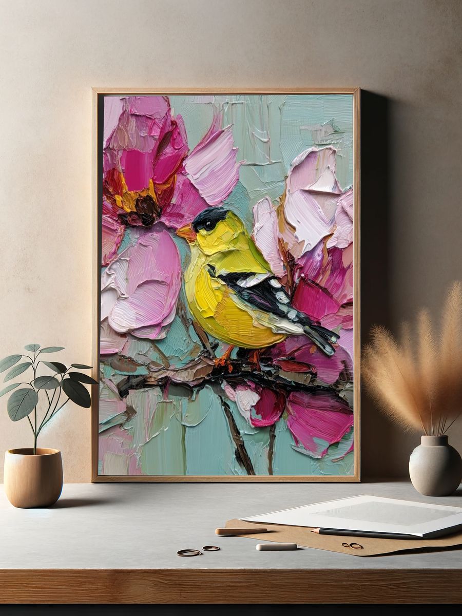 Goldfinch and Blossoms Painting Poster. — room view 2