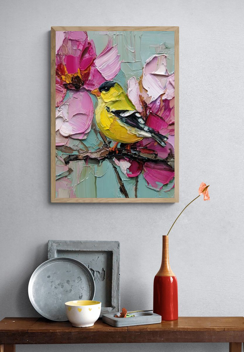 Goldfinch and Blossoms Painting Poster. — room view 3