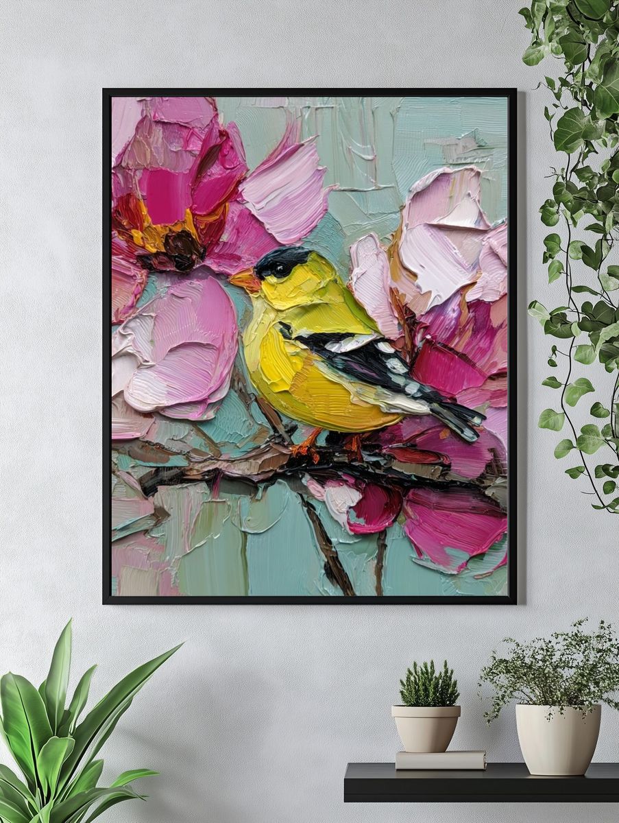 Goldfinch and Blossoms Painting Poster. — room view 4