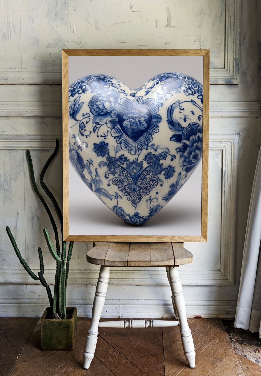 Blue Floral Heart Still Life Poster. — room view 1