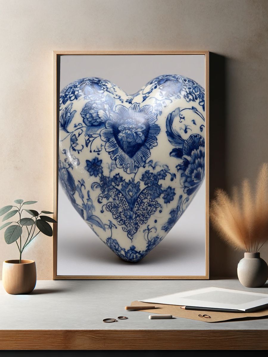 Blue Floral Heart Still Life Poster. — room view 2