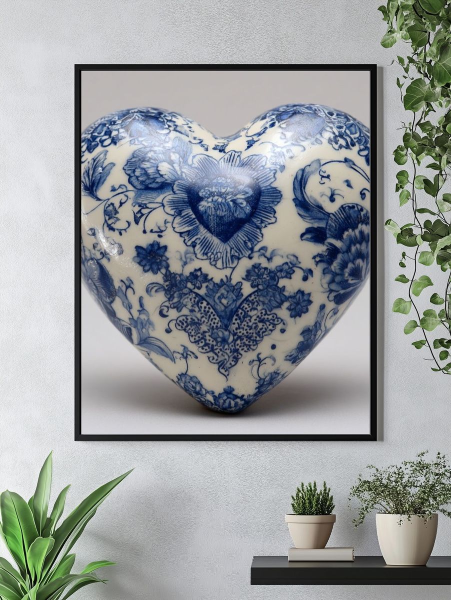 Blue Floral Heart Still Life Poster. — room view 4