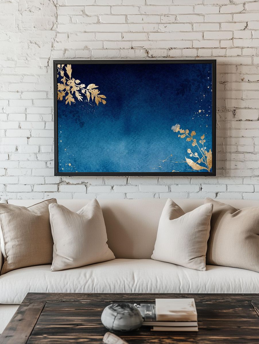 Gold Floral on Blue Background Poster. — room view 1