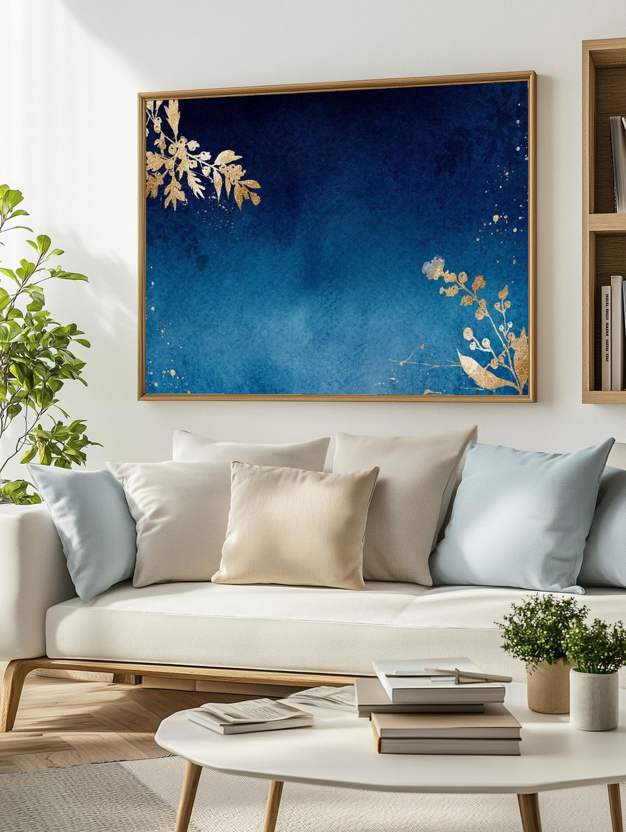 Gold Floral on Blue Background Poster. — room view 2