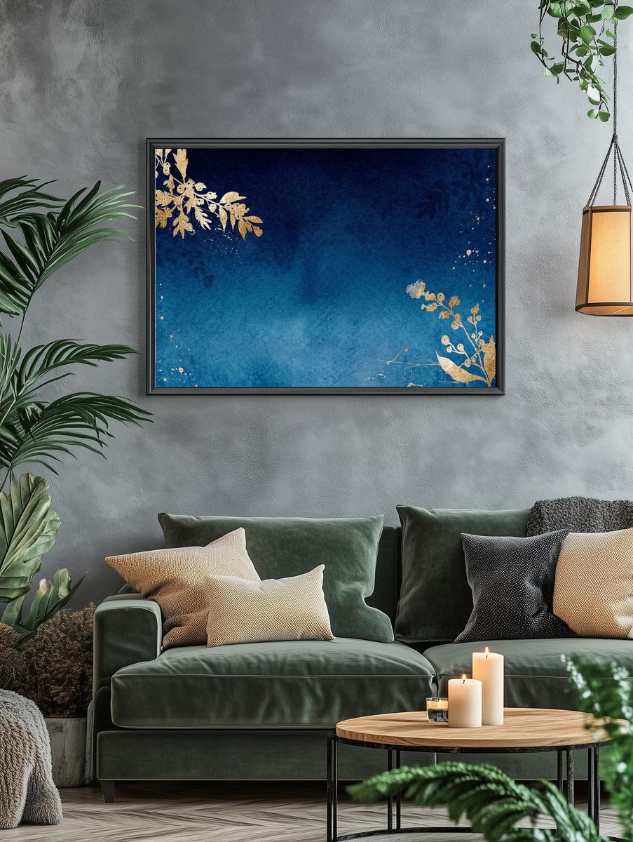 Gold Floral on Blue Background Poster. — room view 4