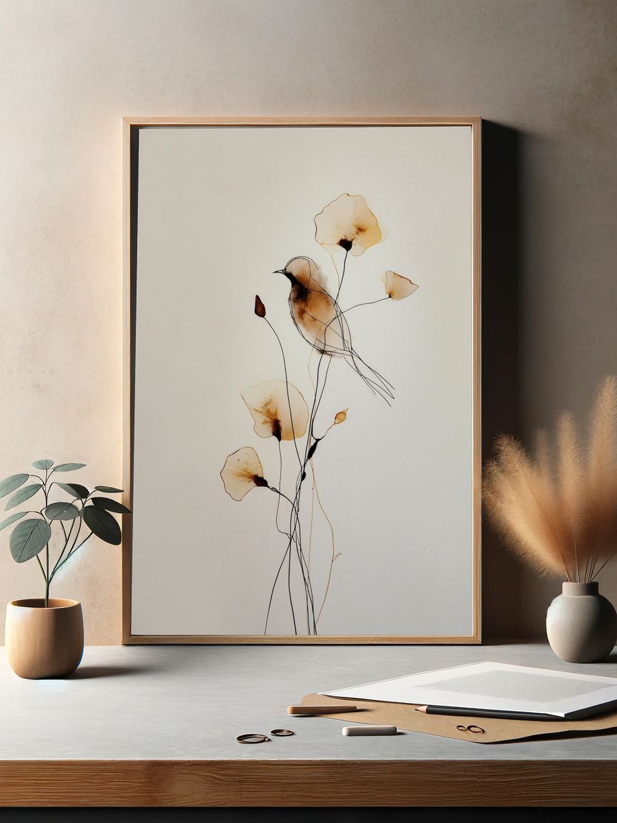Bird and Flowers — Watercolor Print. — room view 2