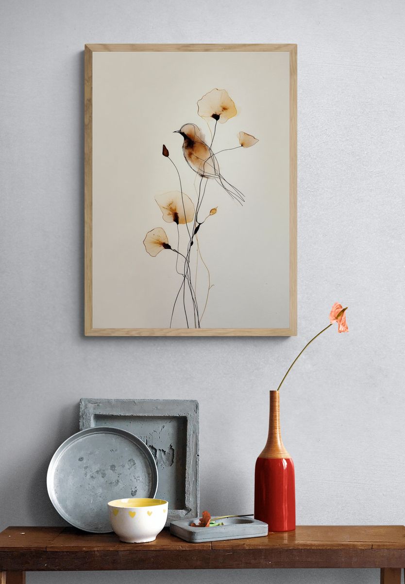 Bird and Flowers — Watercolor Print. — room view 3