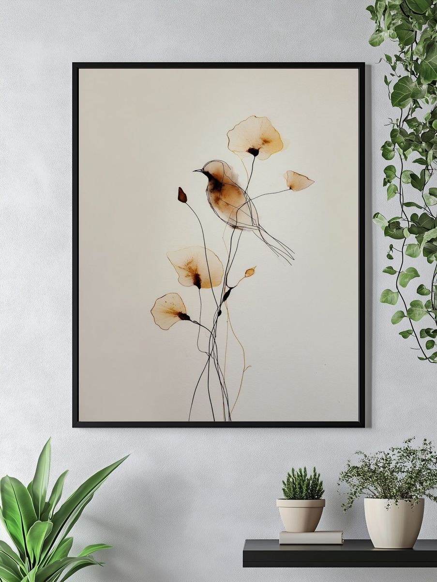 Bird and Flowers — Watercolor Print. — room view 4