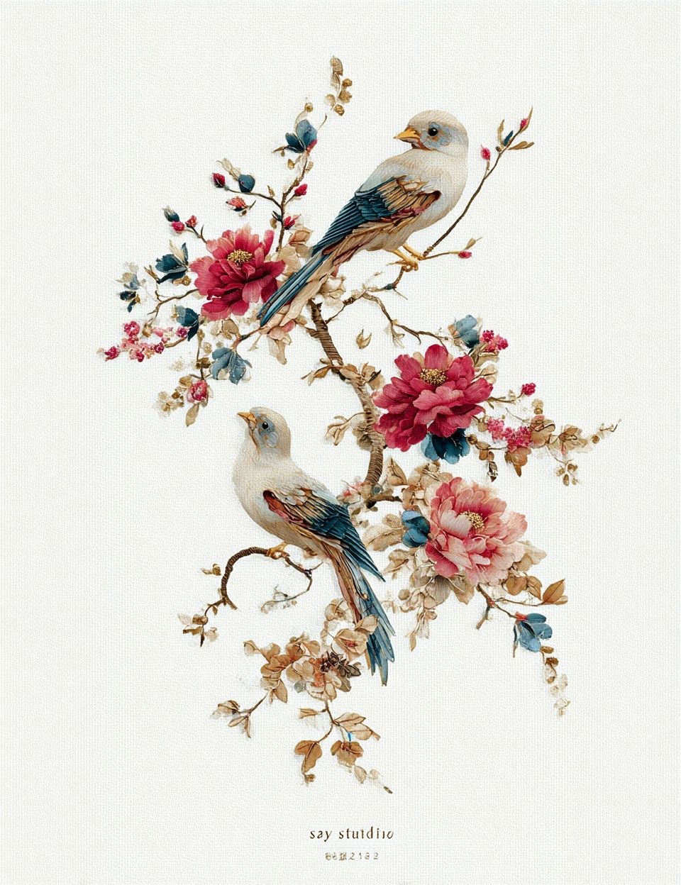 Birds and Flowers — Watercolor Print. poster detail