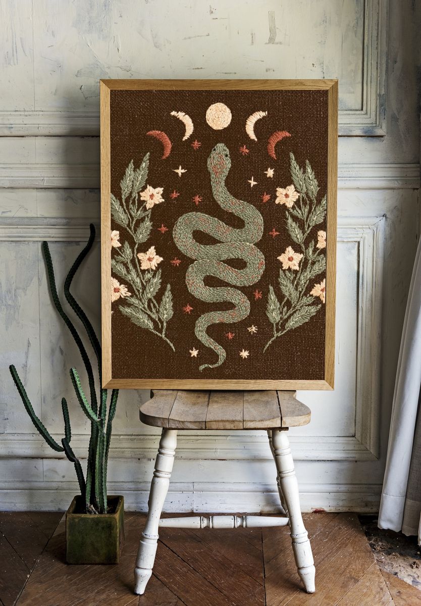 Celestial Snake Embroidery Print. room preview
