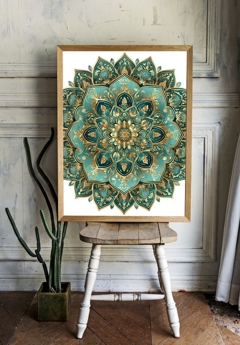 Teal Mandala Floral Poster. room preview