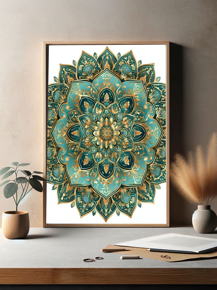 Teal Mandala Floral Poster. — room view 2