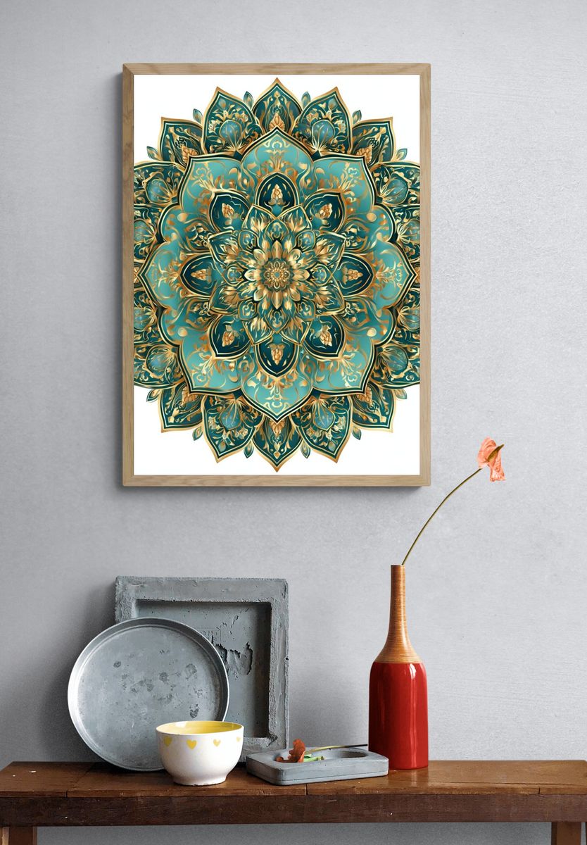 Teal Mandala Floral Poster. — room view 3