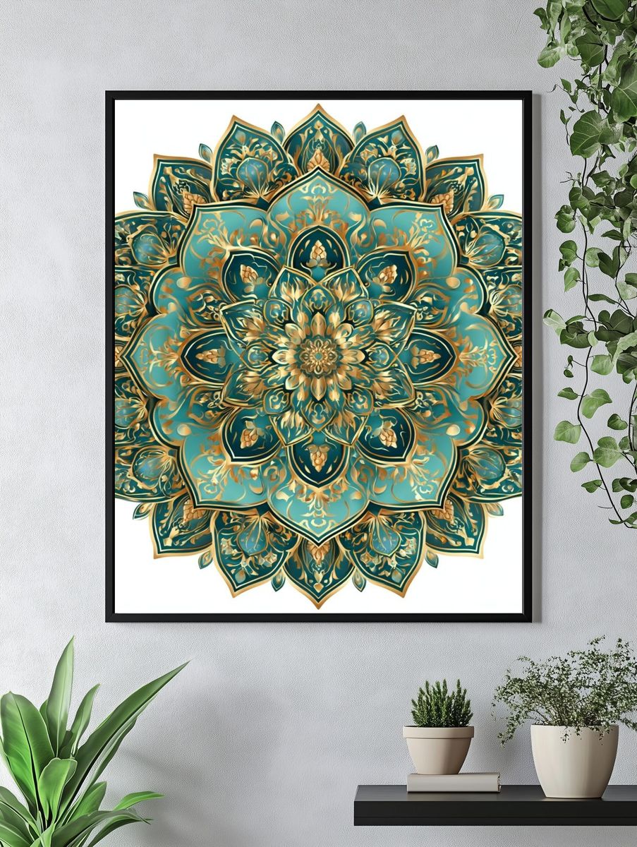 Teal Mandala Floral Poster. — room view 4