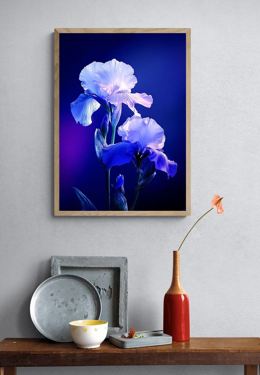 Blue Iris Flowers — Botanical Print. — room view 3