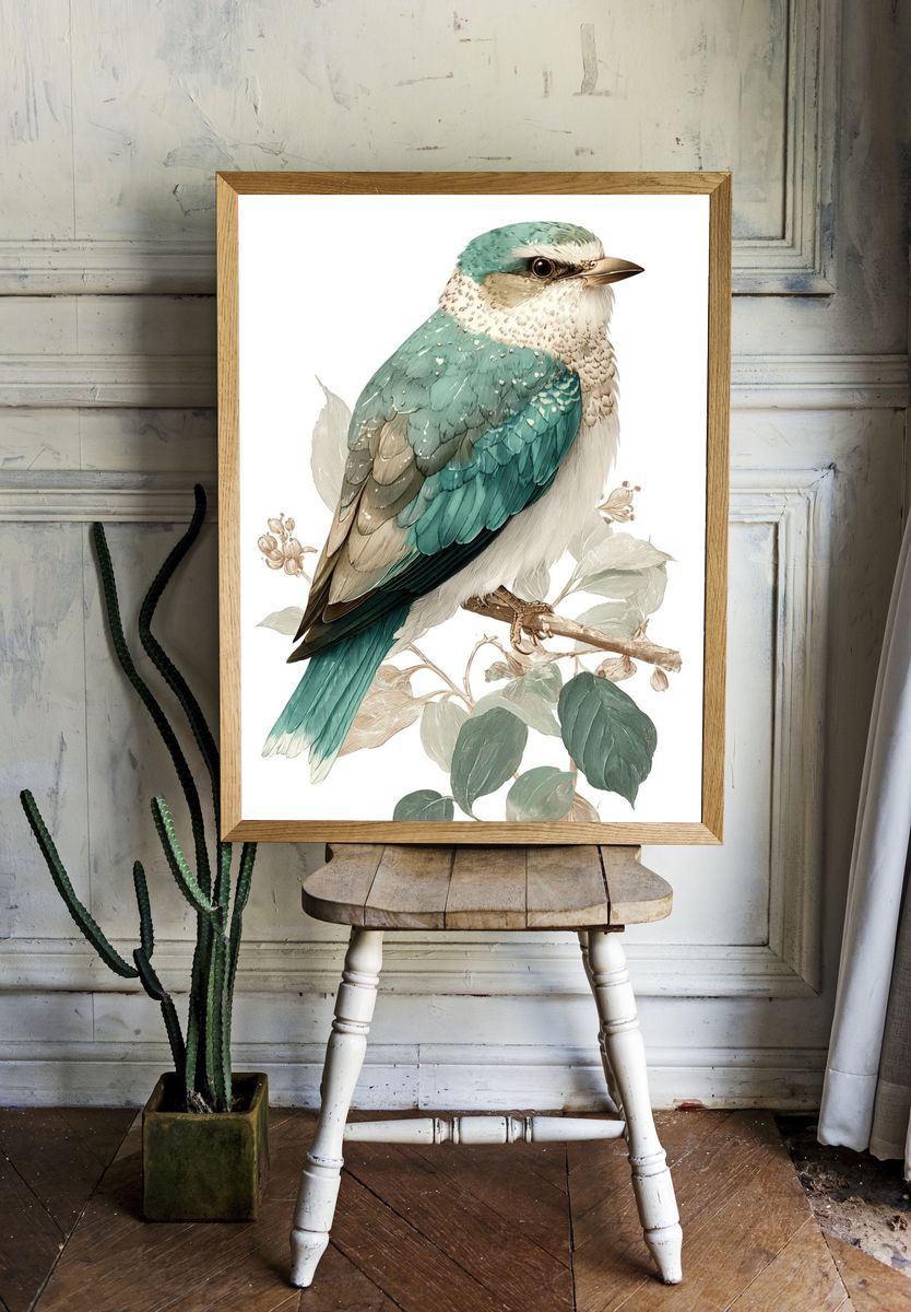 Teal Bird Illustration Poster. — room view 1