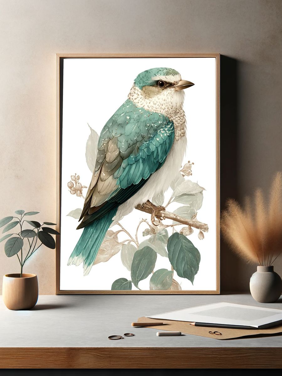 Teal Bird Illustration Poster. — room view 2