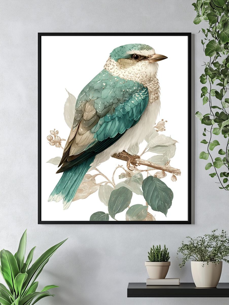 Teal Bird Illustration Poster. — room view 4