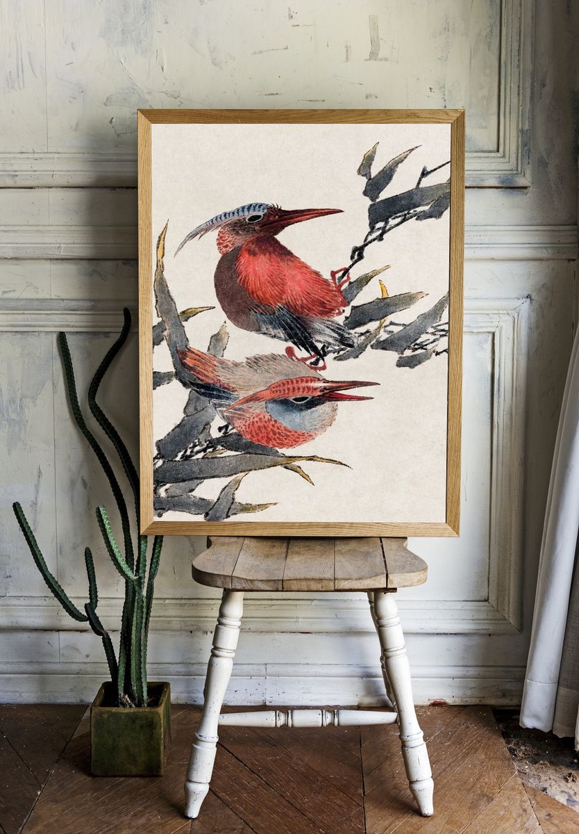 Colorful Birds on Branch — Illustration Print. — room view 1
