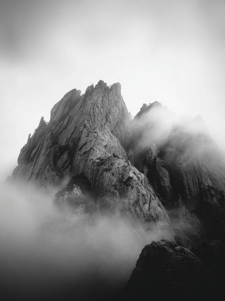 Misty Mountain Peaks — Black-White Print. poster detail