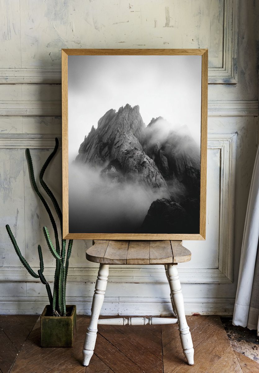 Misty Mountain Peaks — Black-White Print. — room view 1