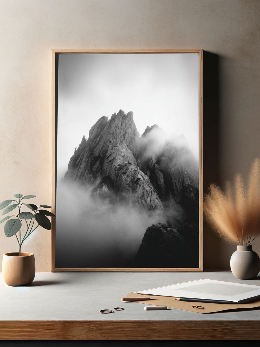 Misty Mountain Peaks — Black-White Print. — room view 2