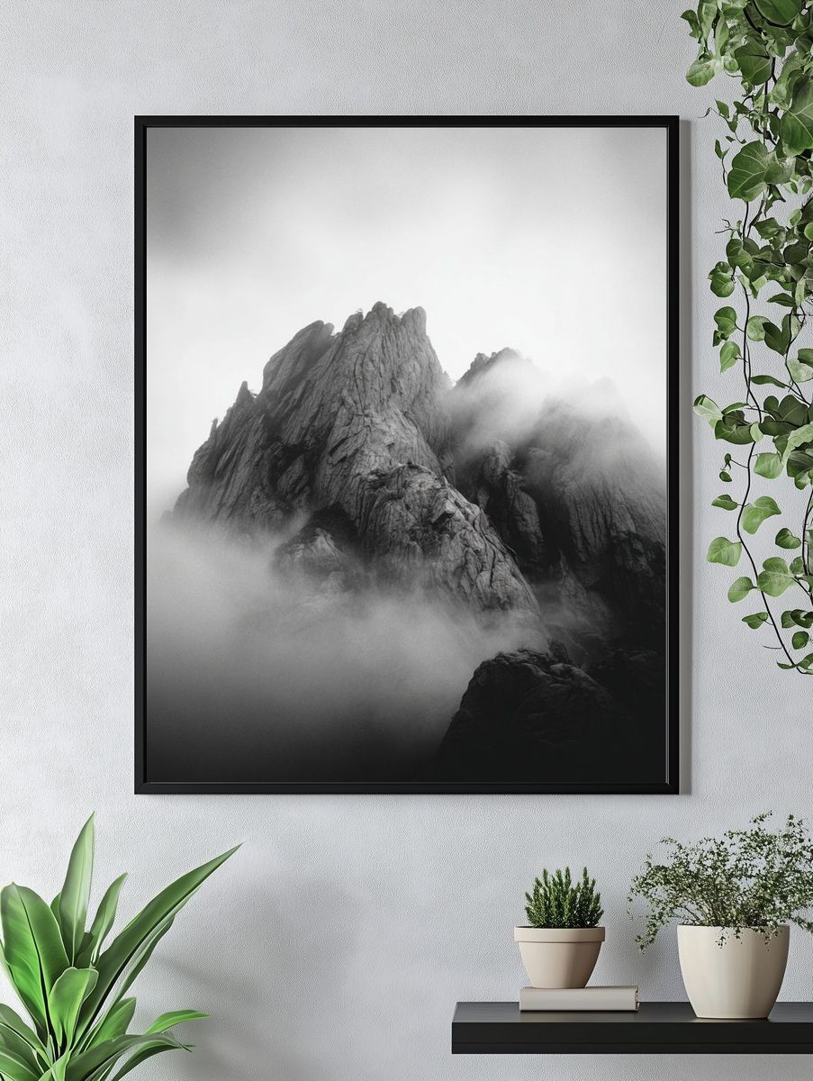 Misty Mountain Peaks — Black-White Print. — room view 4