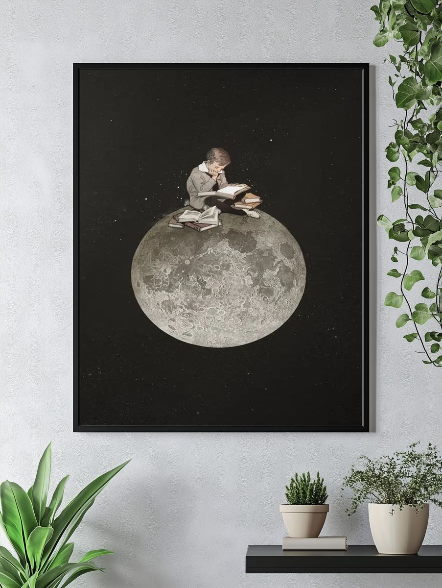 Boy Reading on the Moon — Illustration Print. — room view 4