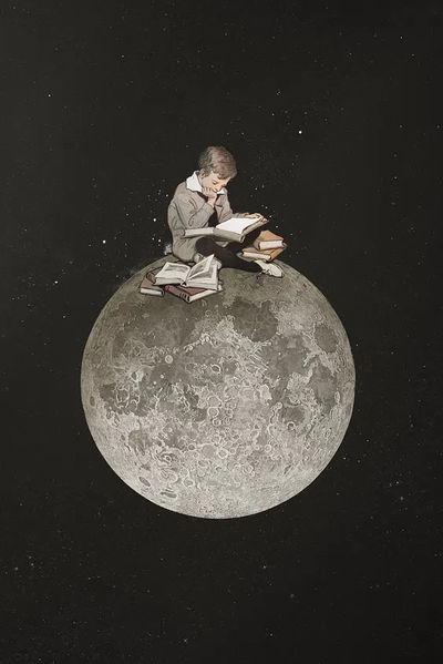 Boy Reading on the Moon — Illustration Print. poster