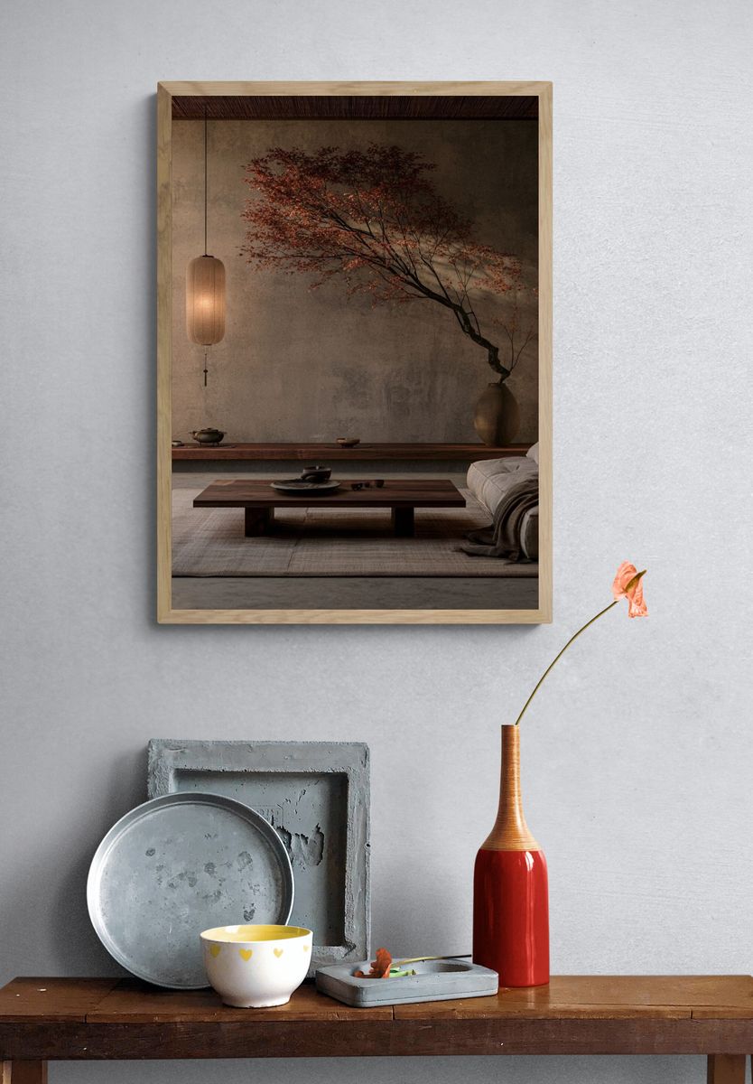 Japandi Interior with Maple Branch Poster. — room view 3