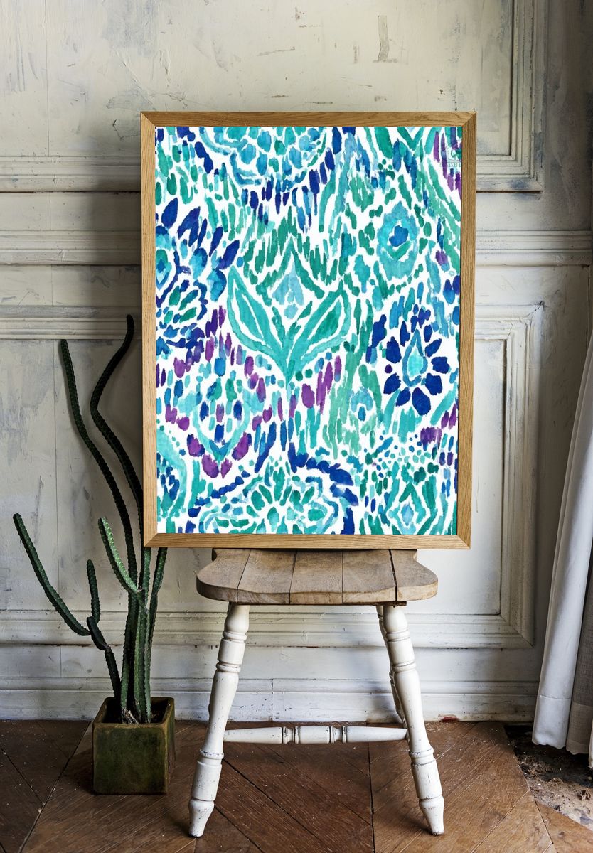 Watercolor Ikat Pattern Print. — room view 1