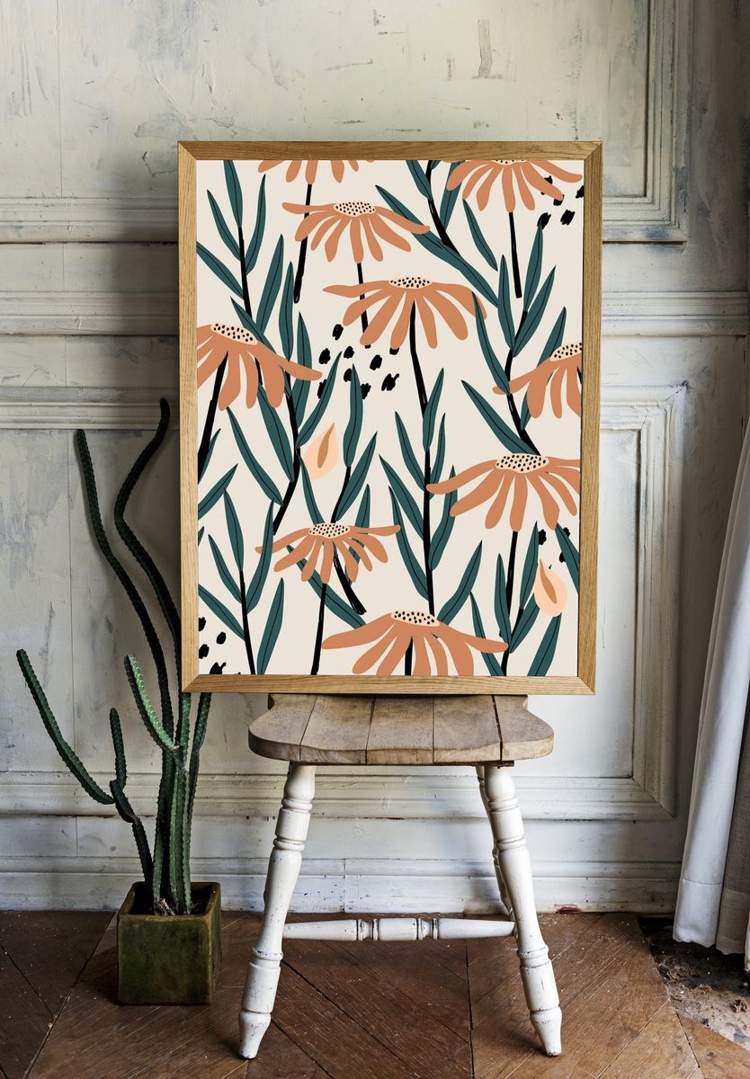 Brown daisy patterned beige background. — room view 1