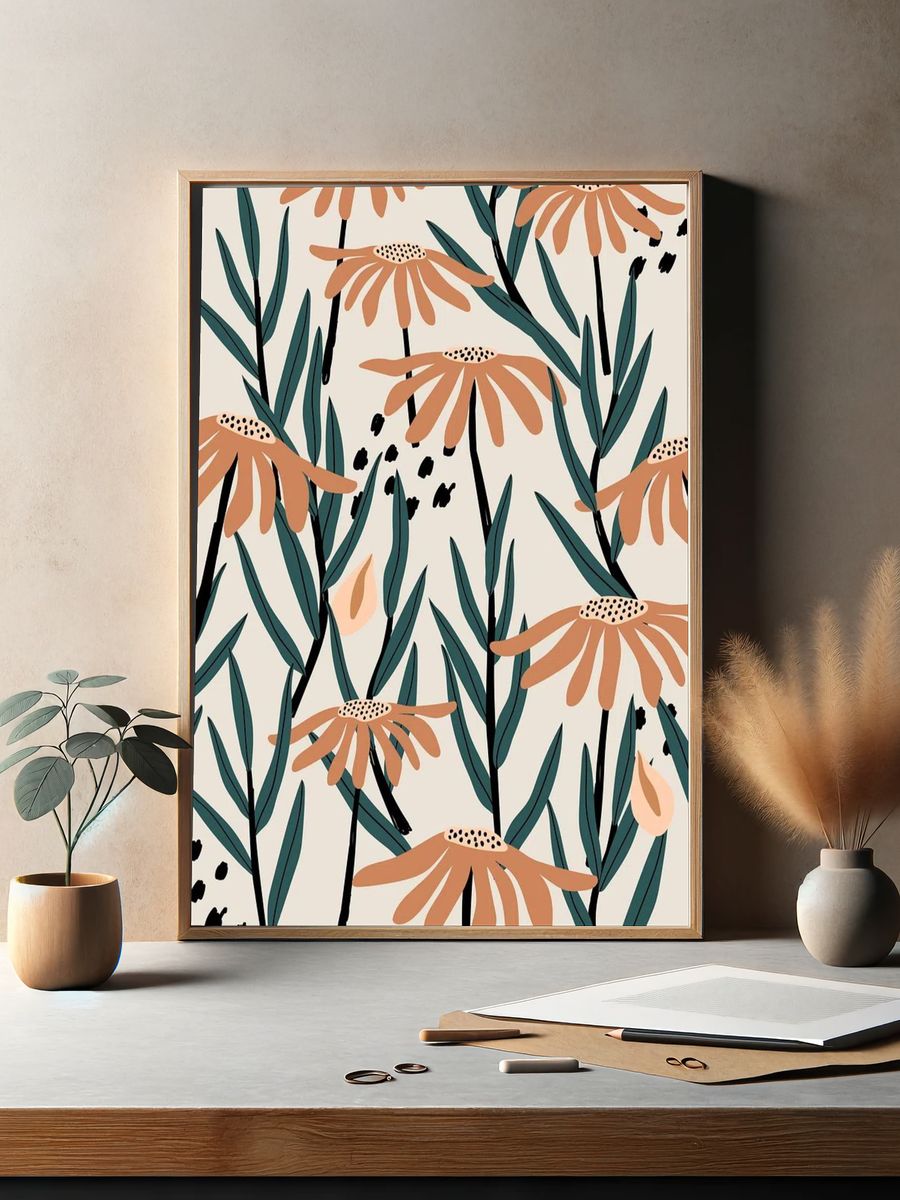 Brown daisy patterned beige background. — room view 2