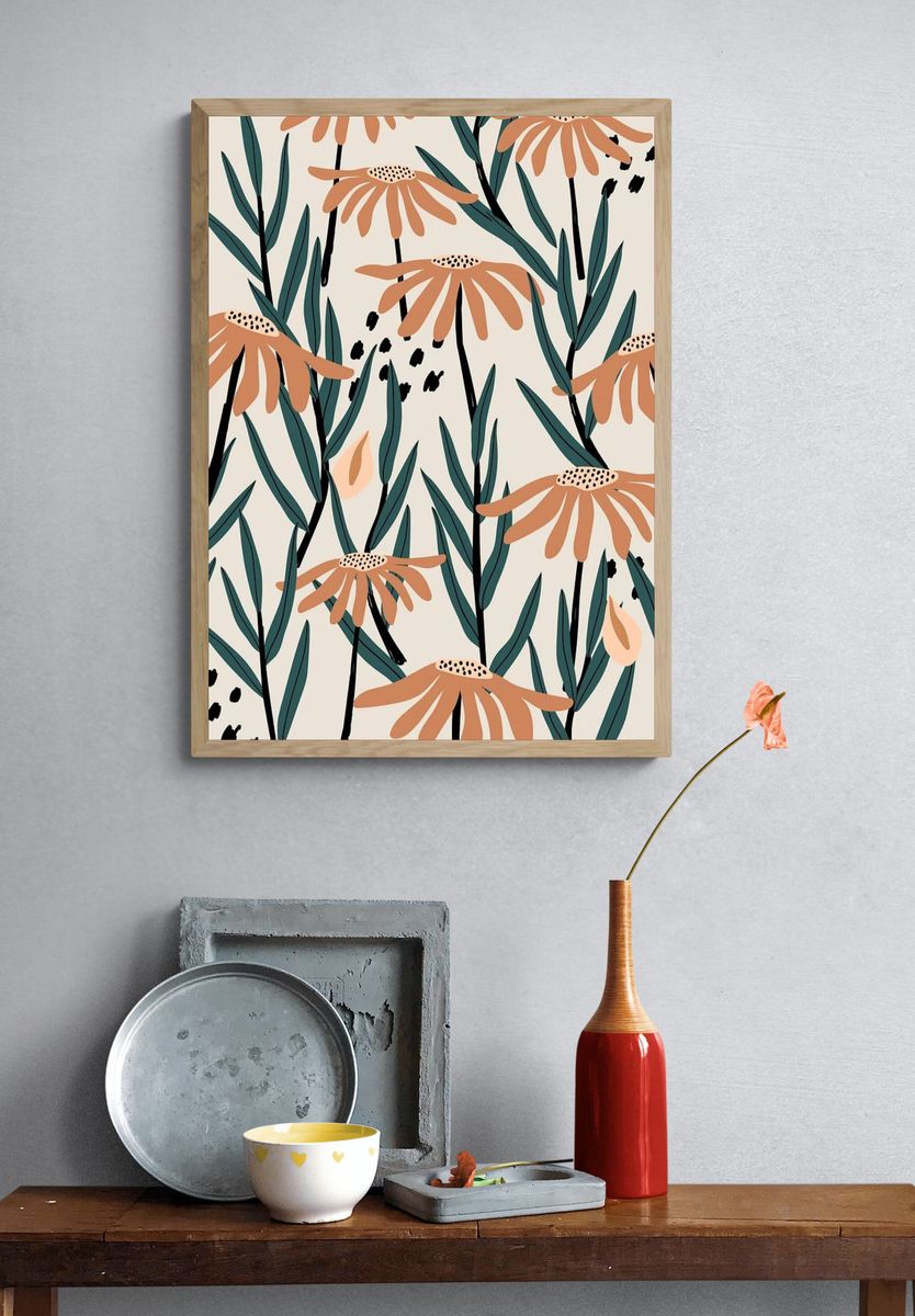Brown daisy patterned beige background. — room view 3