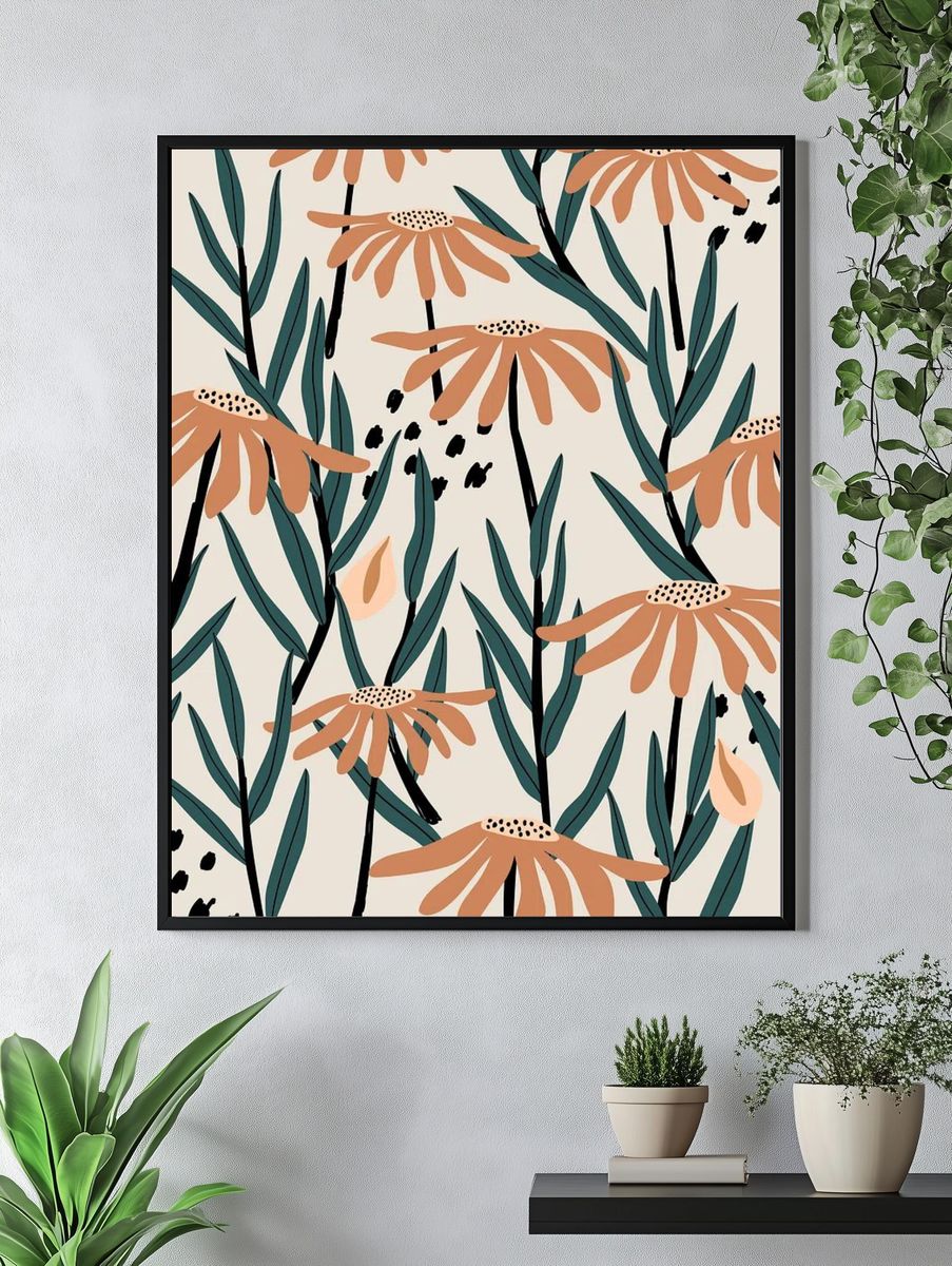 Brown daisy patterned beige background. — room view 4