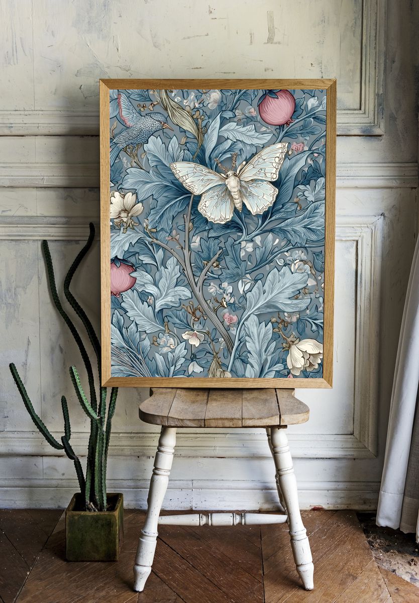 Blue Botanical Moth Poster. — room view 1
