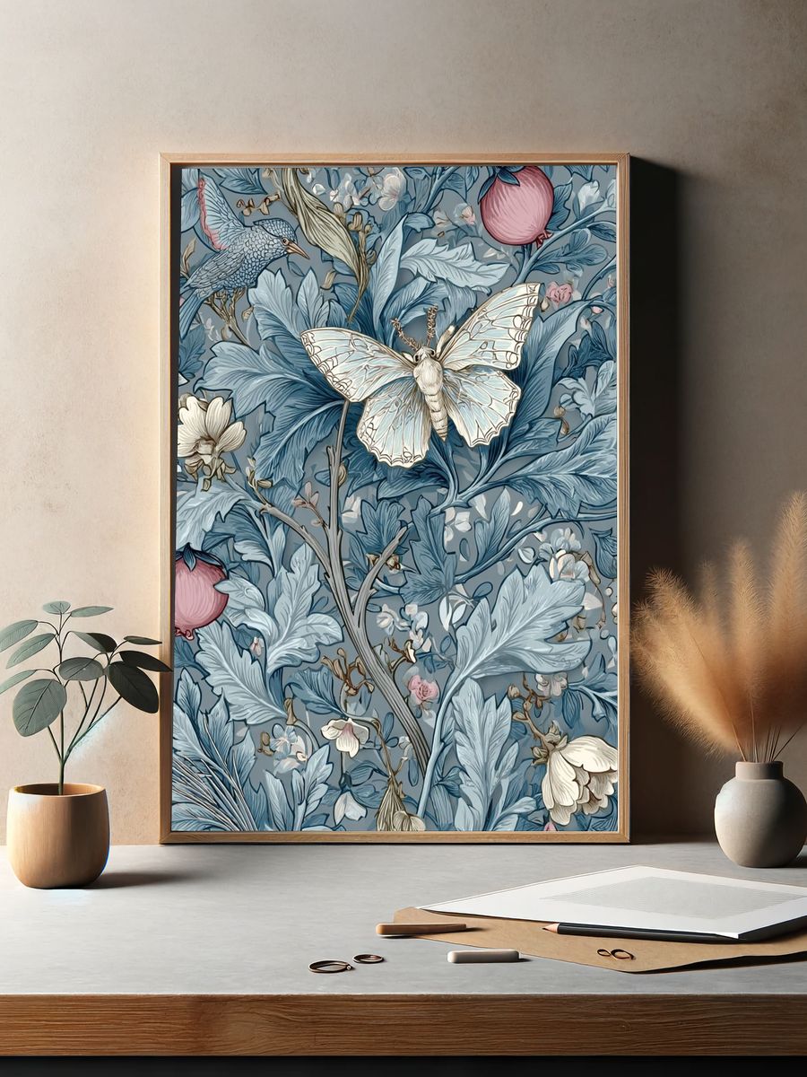 Blue Botanical Moth Poster. — room view 2