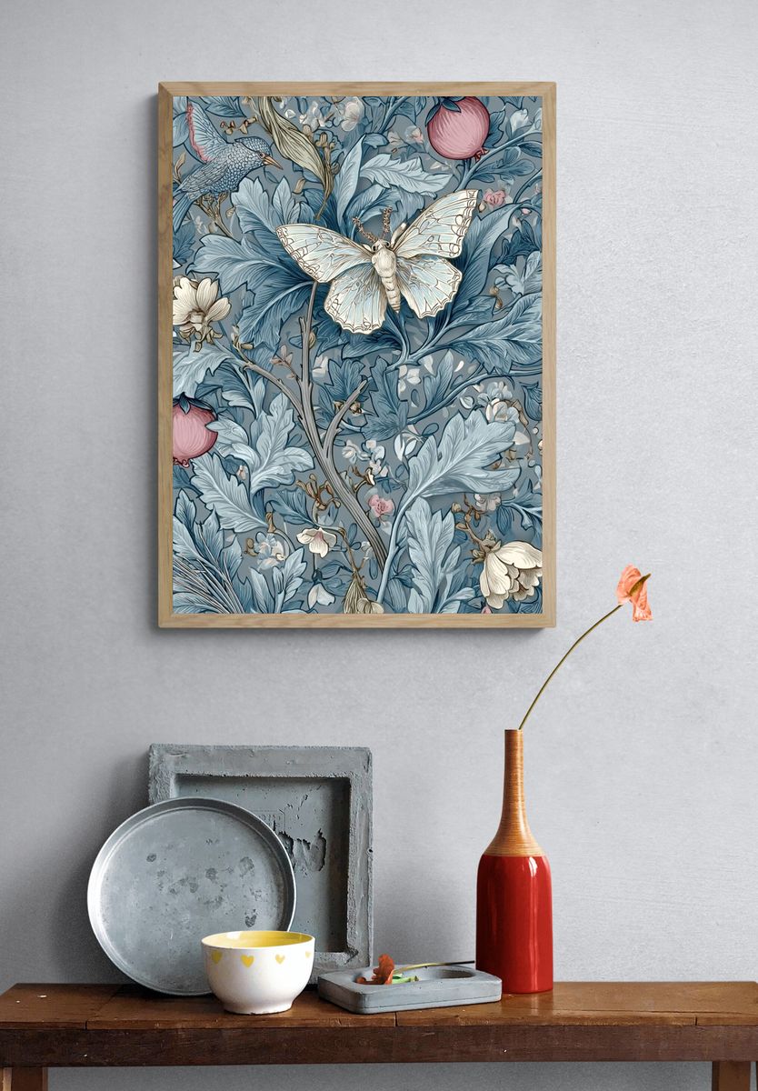 Blue Botanical Moth Poster. — room view 3