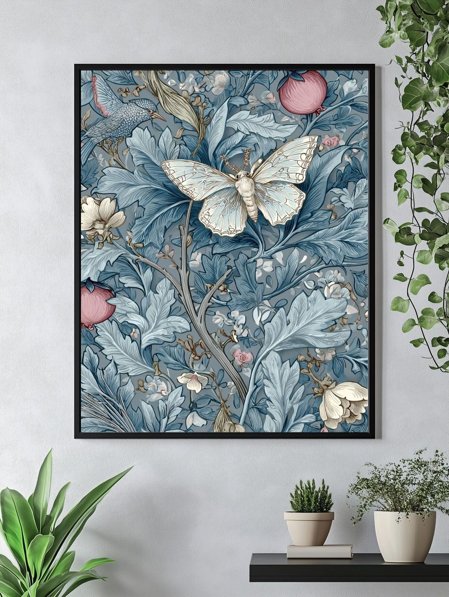Blue Botanical Moth Poster. — room view 4