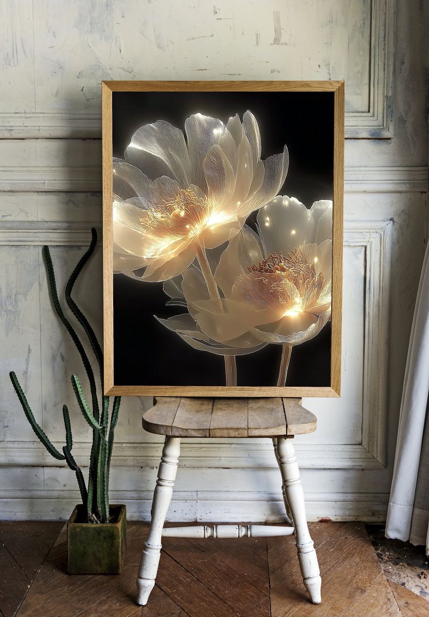 Glowing White Peonies Illustration Poster. — room view 1