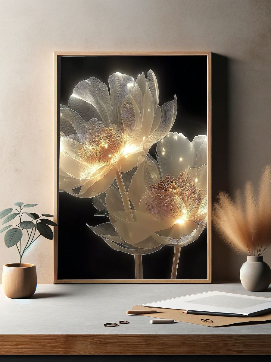 Glowing White Peonies Illustration Poster. — room view 2