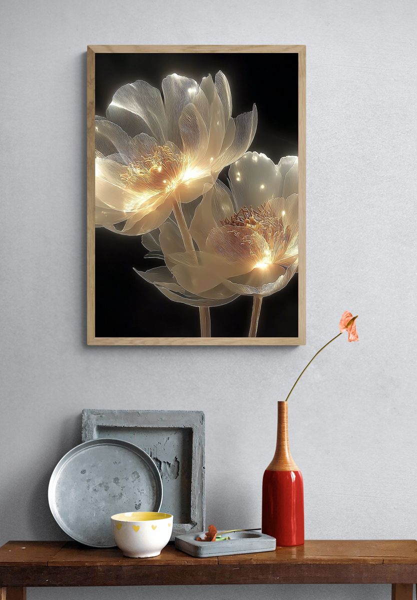 Glowing White Peonies Illustration Poster. — room view 3