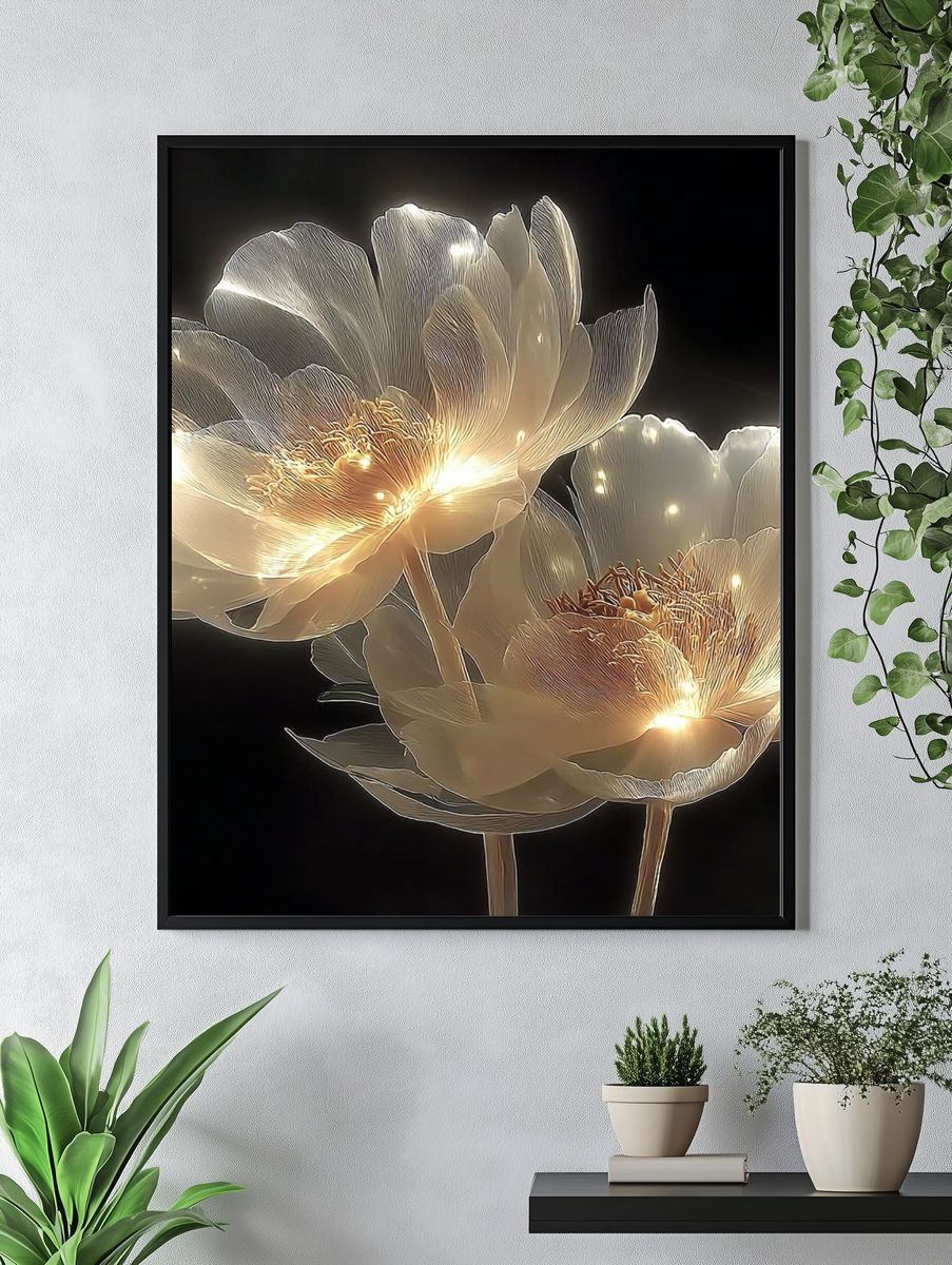 Glowing White Peonies Illustration Poster. — room view 4